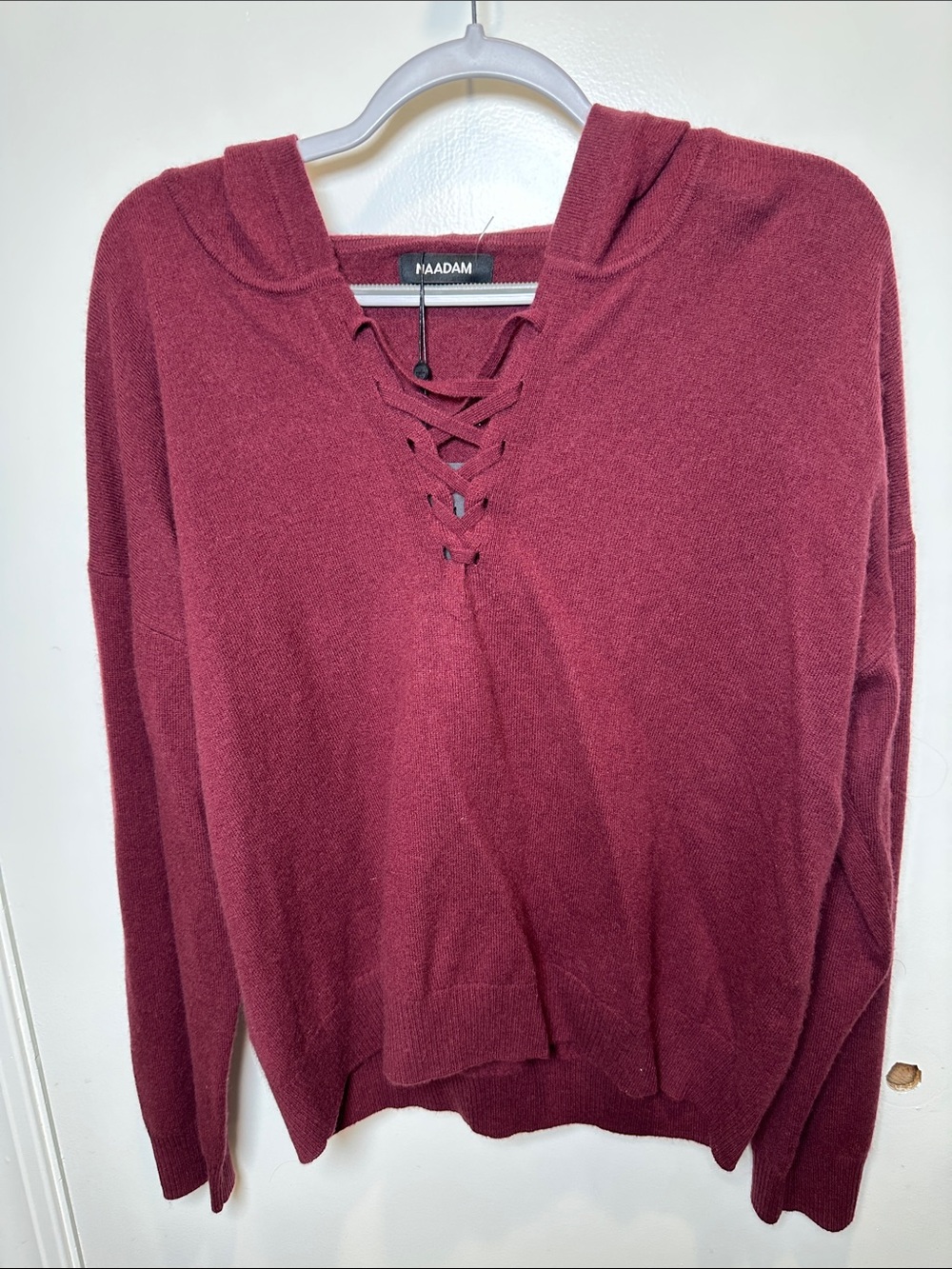 NAADAM Lace-Up V-Neck Hooded Sweater in Burgundy (20)